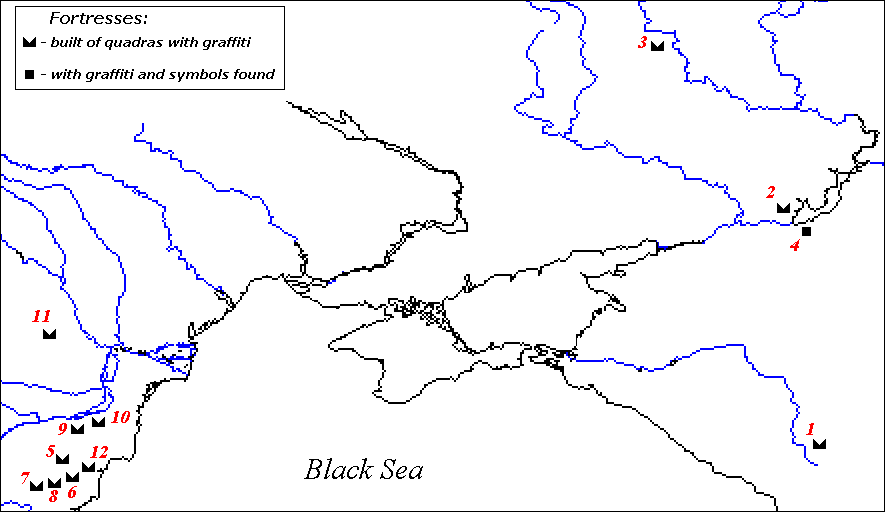 Map of the Proto-Bulgarian fortresses in Eastern Europe and on the Lower Danube